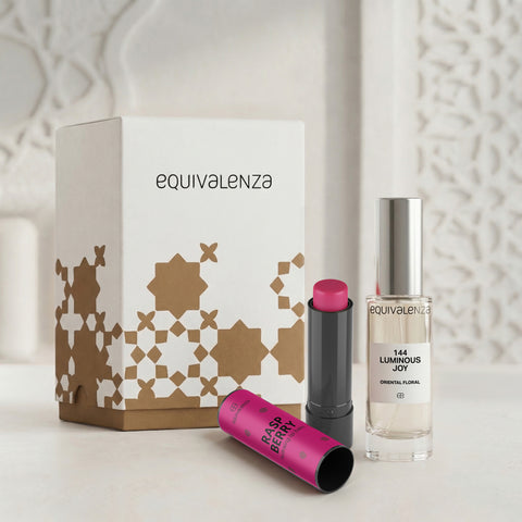 GIFT SET 144 Luminous Joy & Bálsamo labial em stick Raspberry